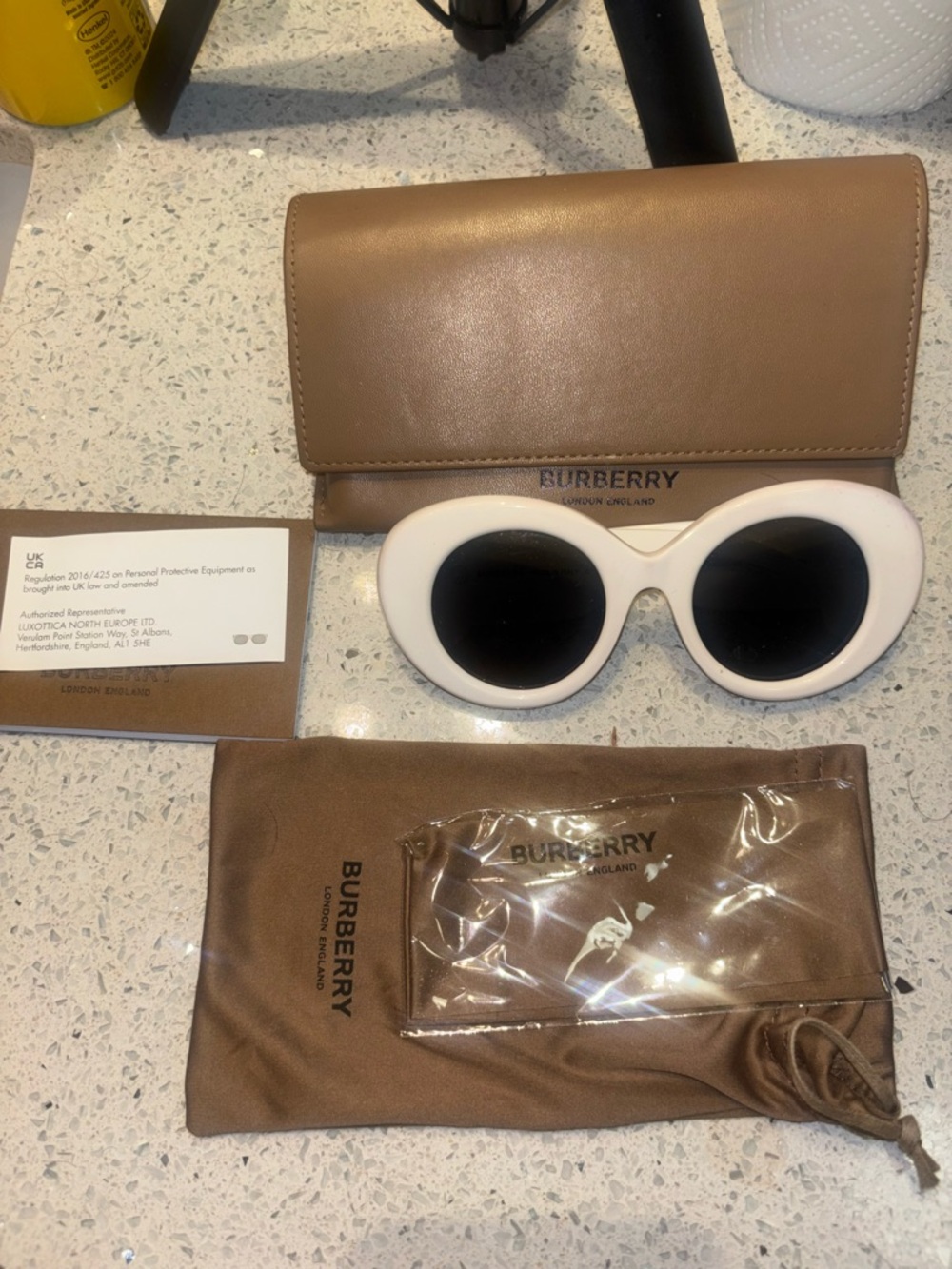 Burberry White Round Frame Sunglasses with Brown Accessories